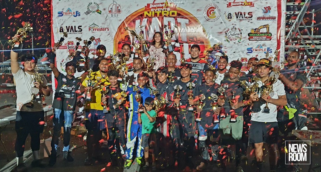 Podium celebration with trophies